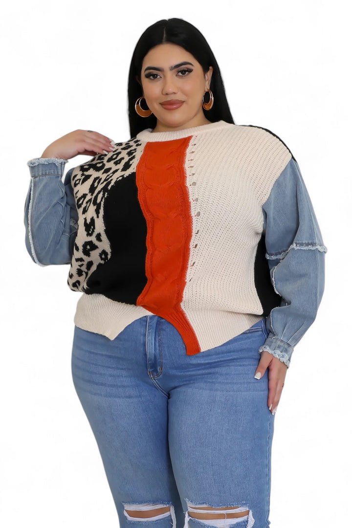 Curvy leopard ivory rust denim sleeve sweater front view