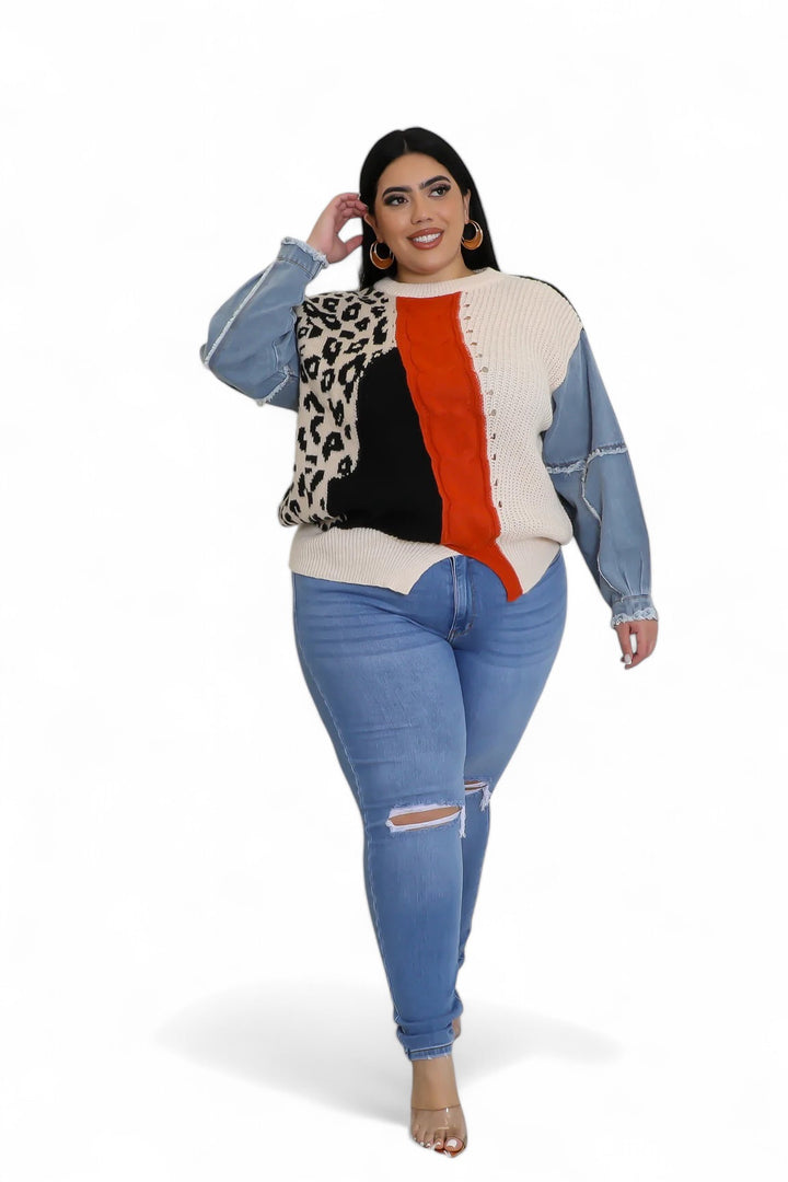 Curvy Leopard/Ivory/Rust/Black Denim Sleeve Sweater Top