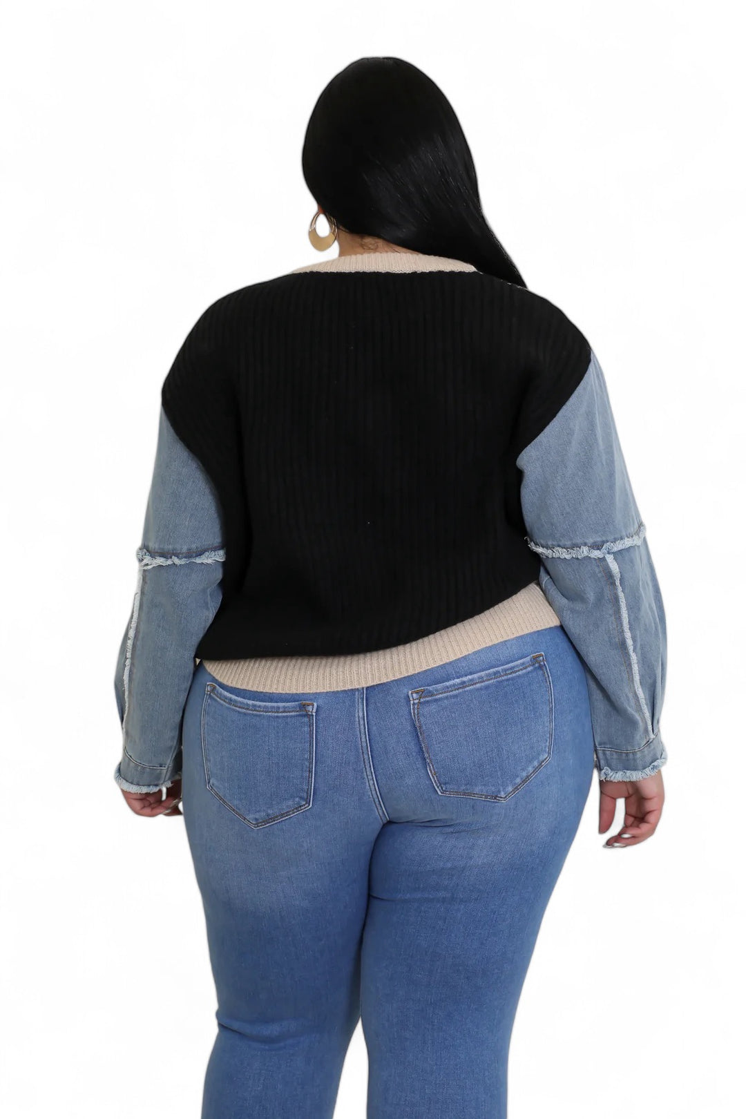 Back view of black denim sleeve sweater top