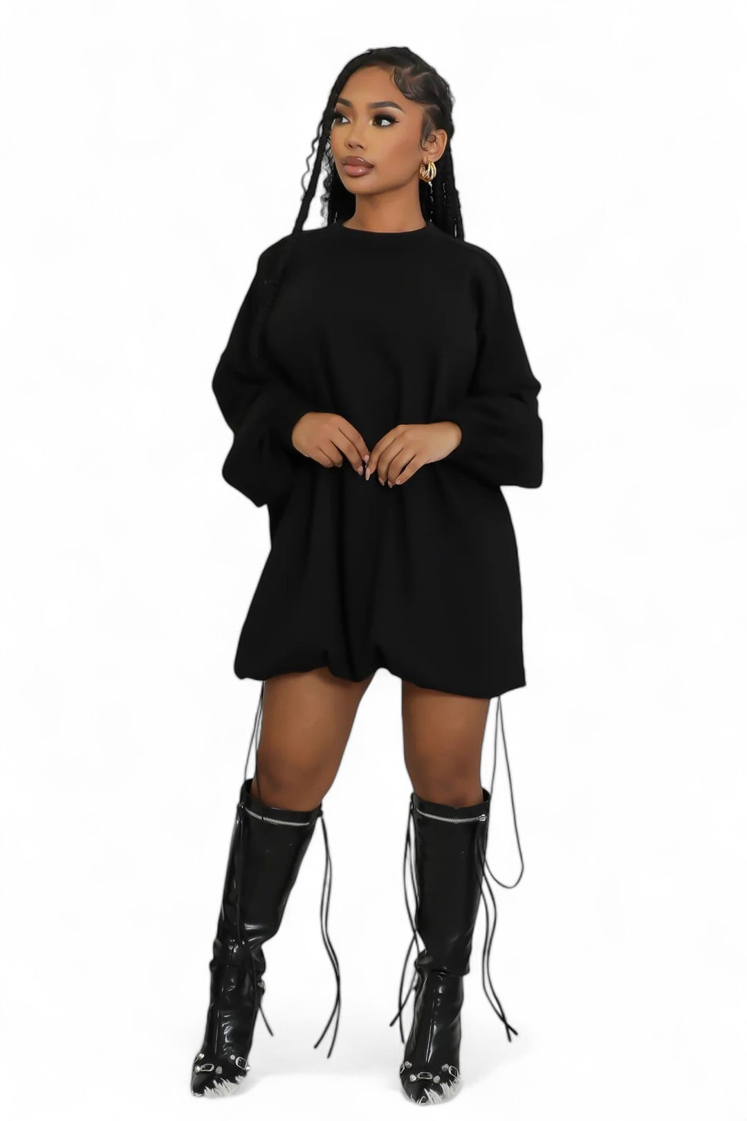 Black oversized pullover dress with drawstrings, side view