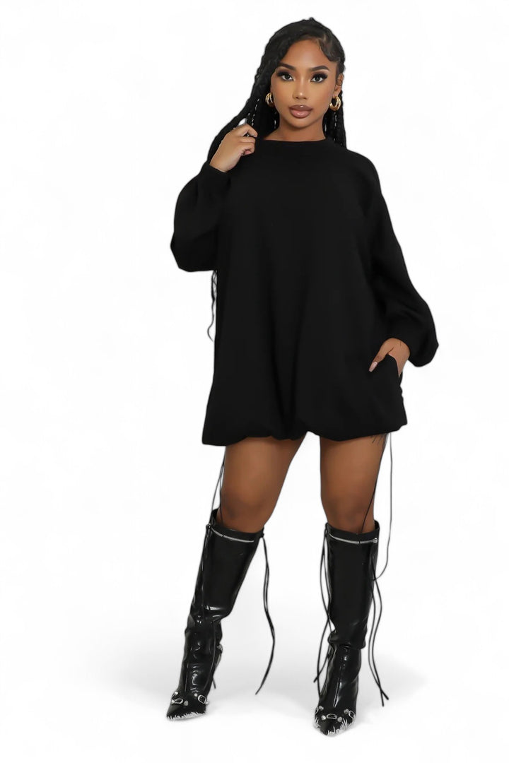 Black oversized pullover dress with drawstrings, front view