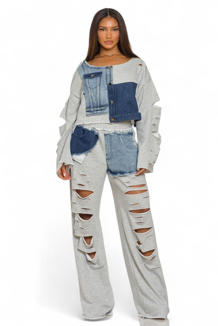 Long Sleeve Patch Denim Detail Pants Two Piece Set {Tall Girl Friendly}