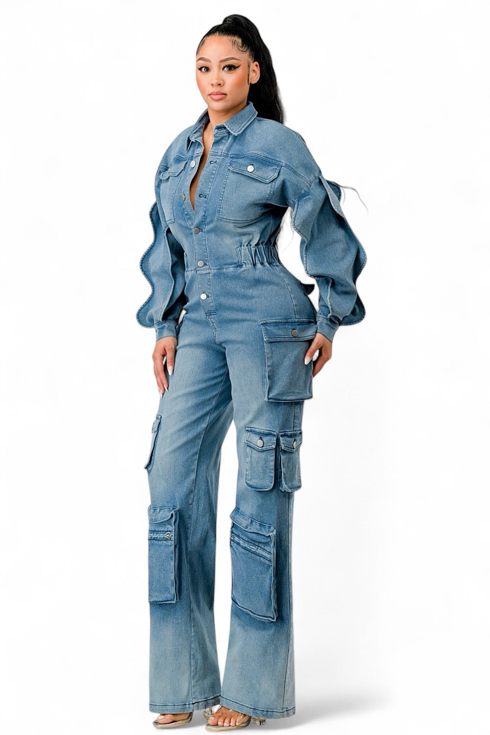 Denim Cargo Ruffle Sleeve Jumpsuit