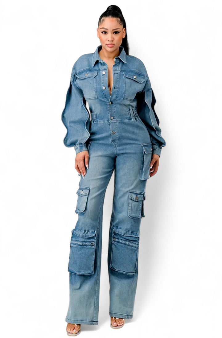 Denim Cargo Ruffle Sleeve Jumpsuit