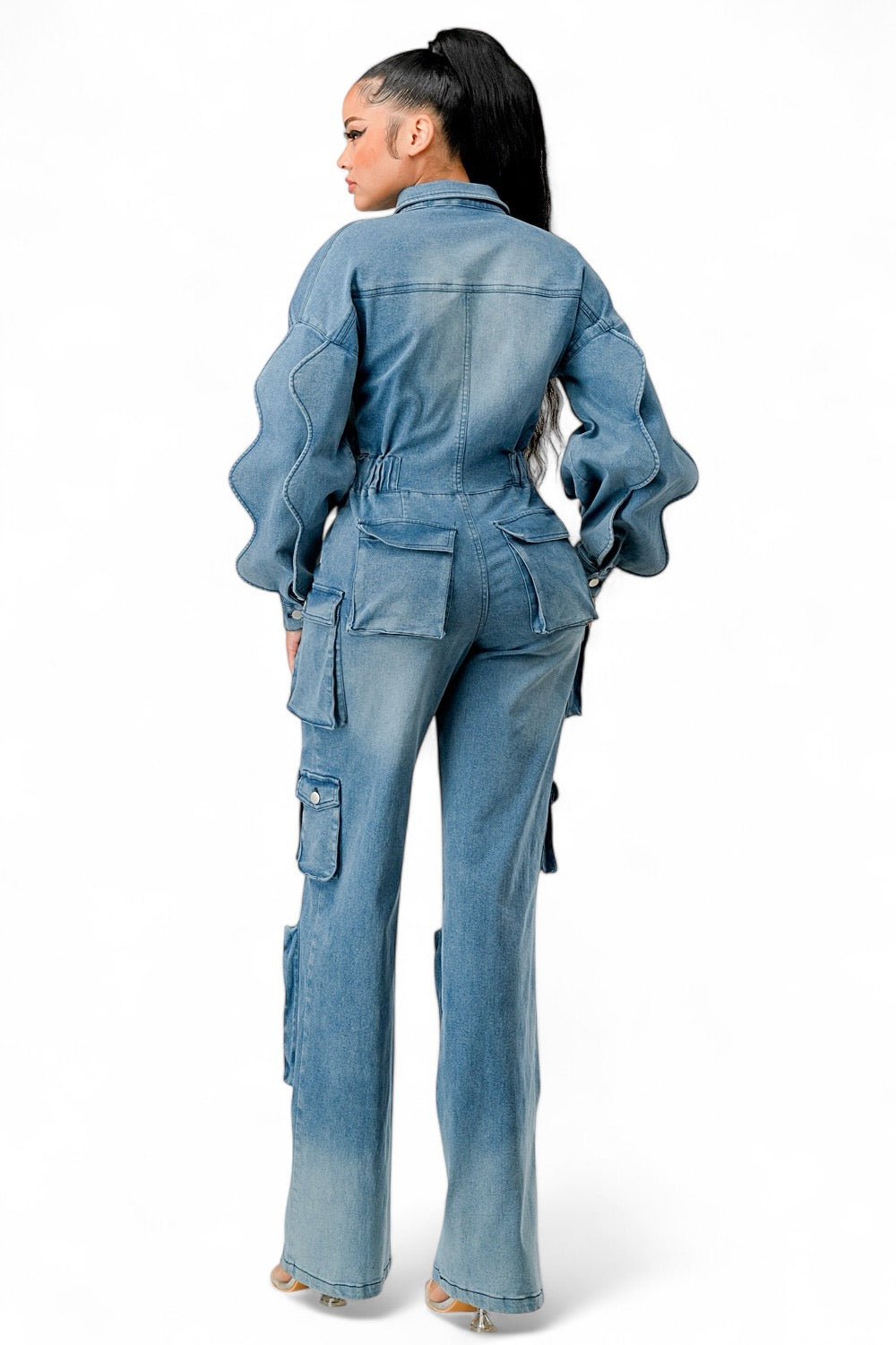 Denim Cargo Ruffle Sleeve Jumpsuit