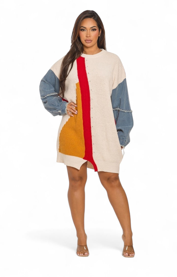 Ivory/ Mustard/ Red Color Block Denim Sleeve Sweater Dress