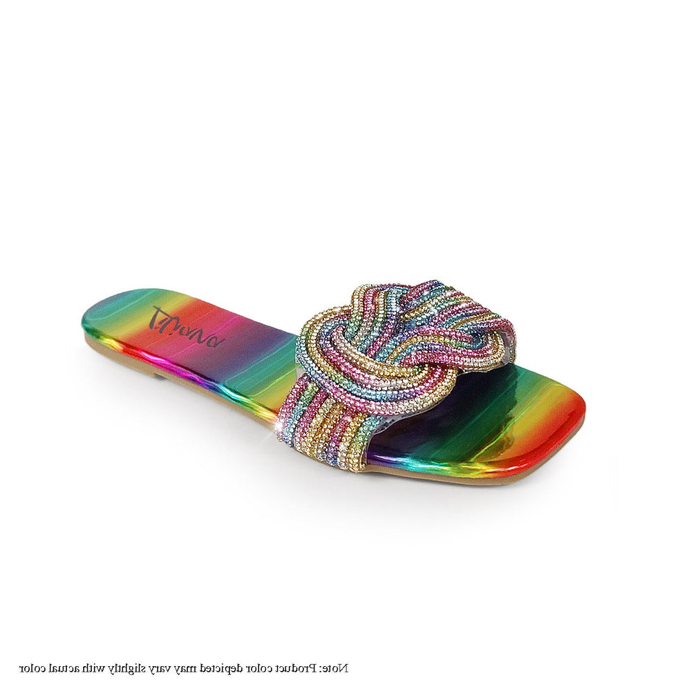 a pair of rainbow colored sandals with a knot