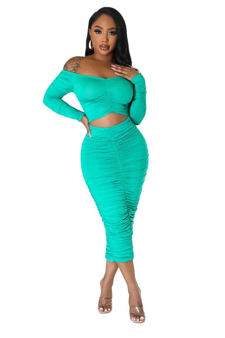 Off the Shoulder Long Sleeve Ruched Midi Dress