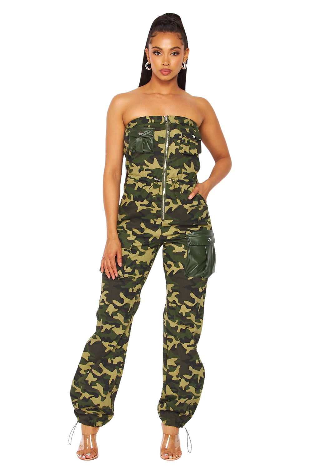 Strapless Camouflage with PU Pocket Cargo Jumpsuit