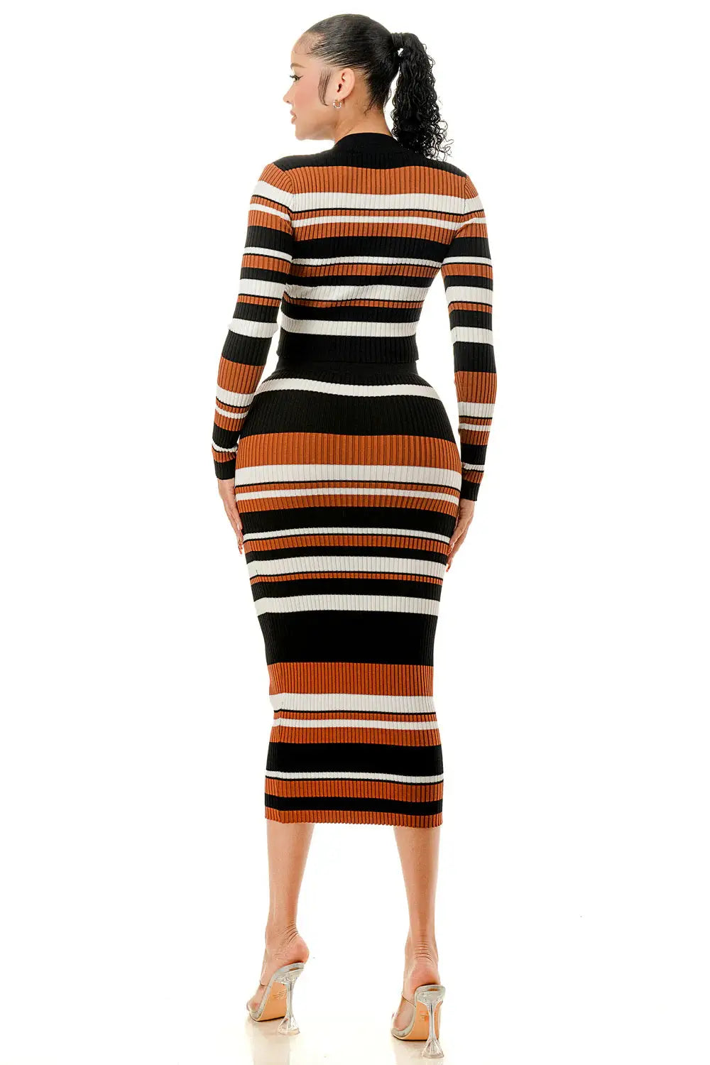 Multi Color Stripe V-Neck Crop Top & Two Piece Midi Skirt Set