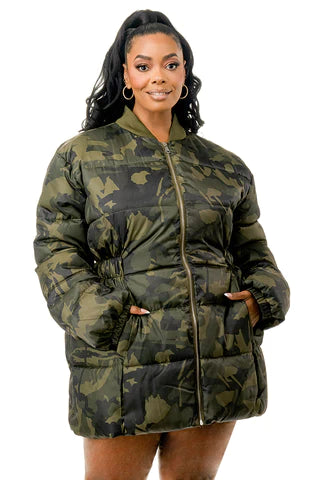 Camouflage Elastic Waist Puffer Coat