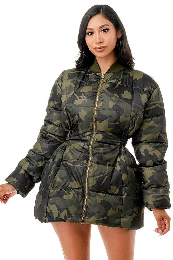 Camouflage Elastic Waist Puffer Coat