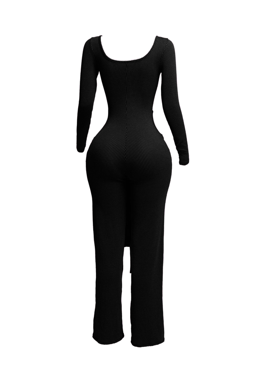 Back view of black ribbed long sleeve jumpsuit