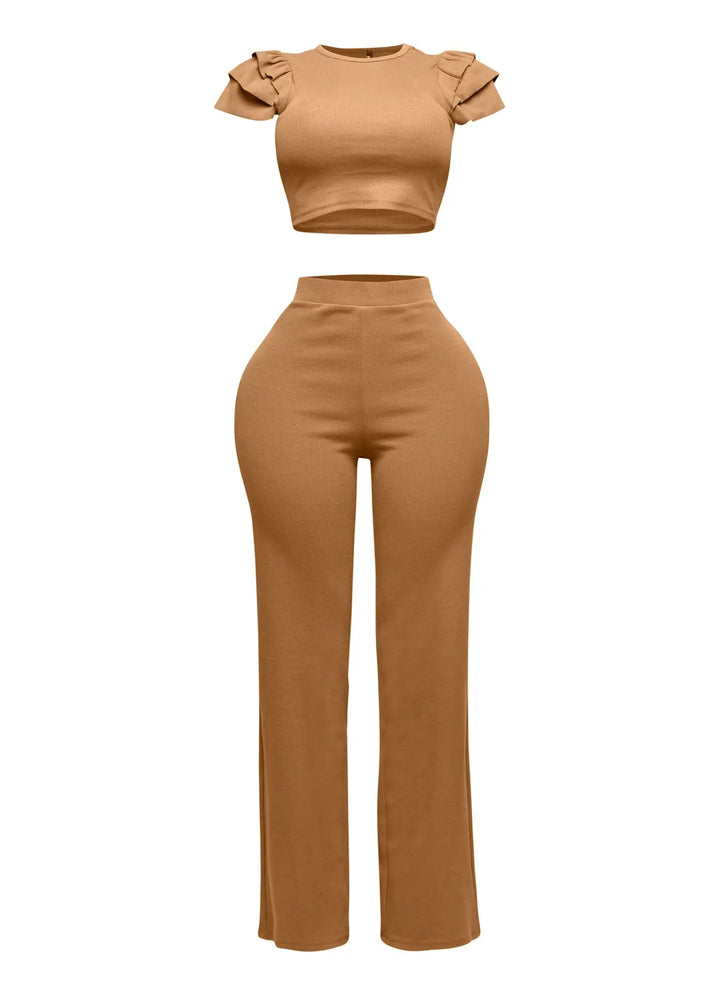 Tan ruffled shoulder top and pants set, front view