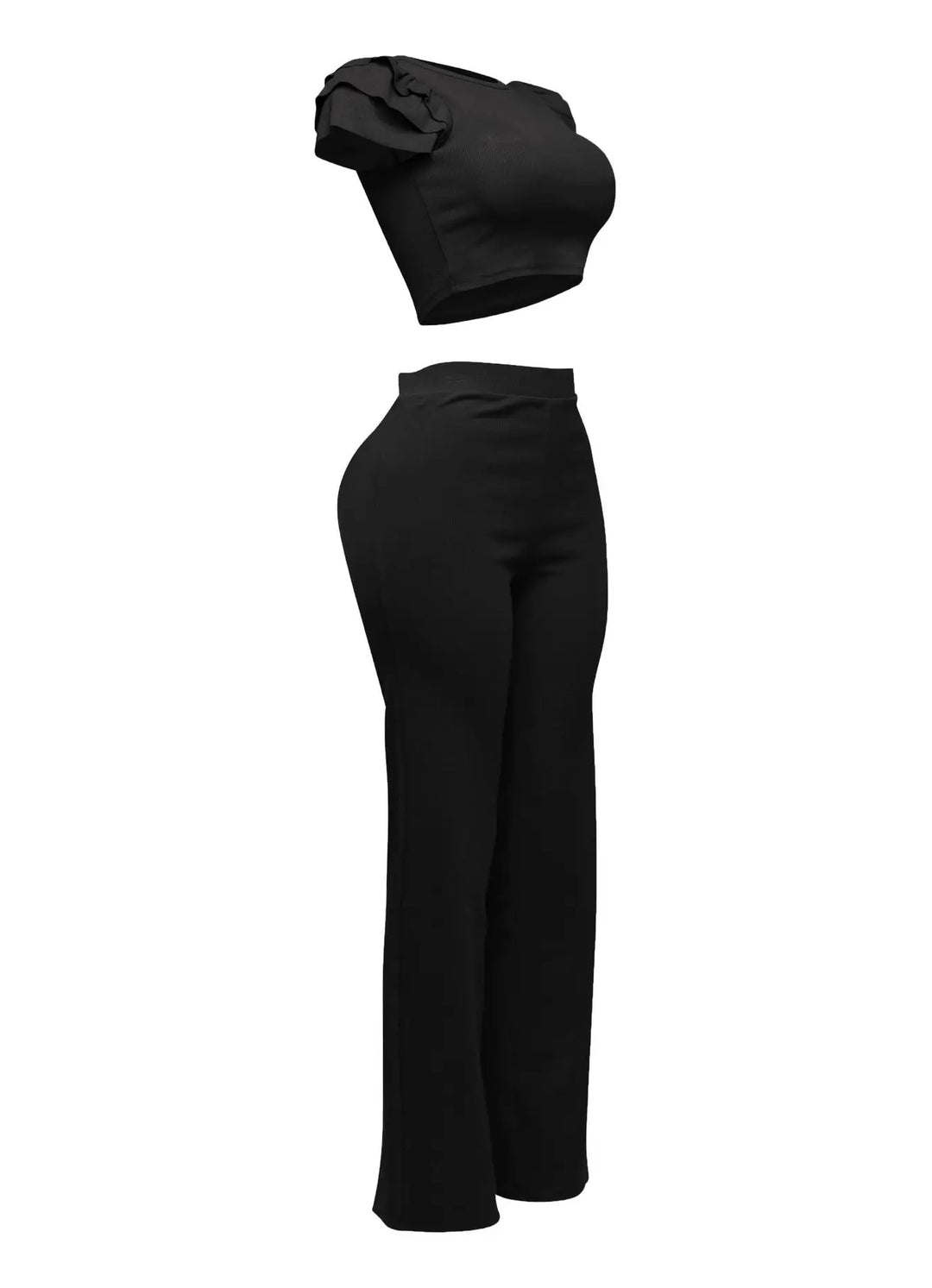 Black ruffled shoulder top and pants set, side view