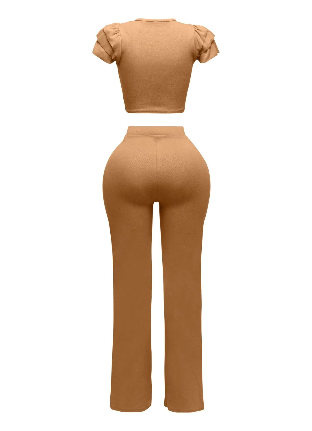 Tan ruffled shoulder top and pants set, back view