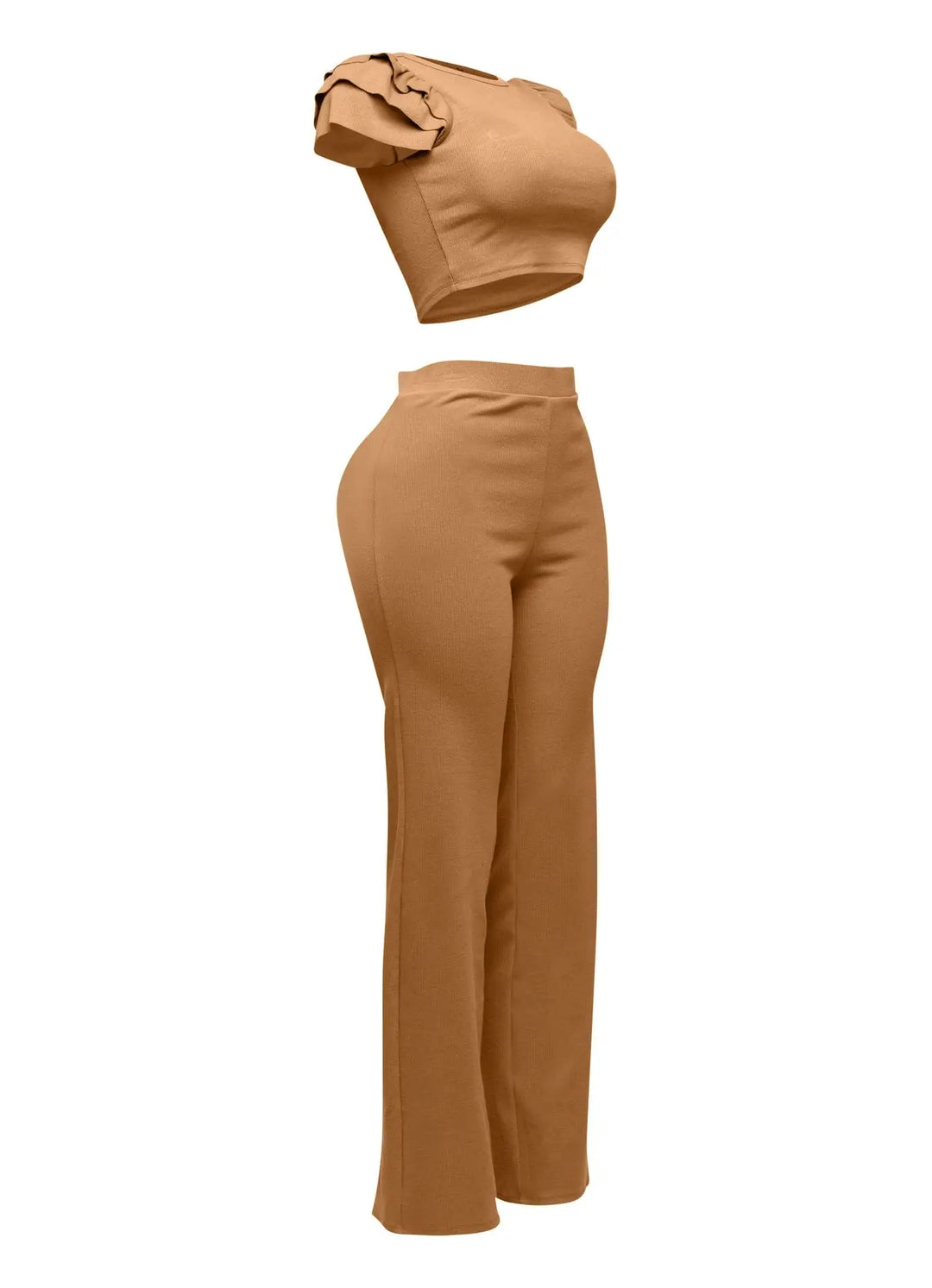 Tan ruffled shoulder top and pants set, side view