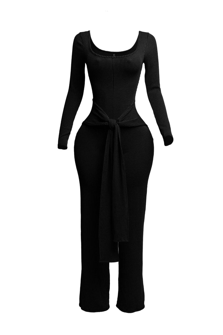 Black ribbed long sleeve jumpsuit with front tie