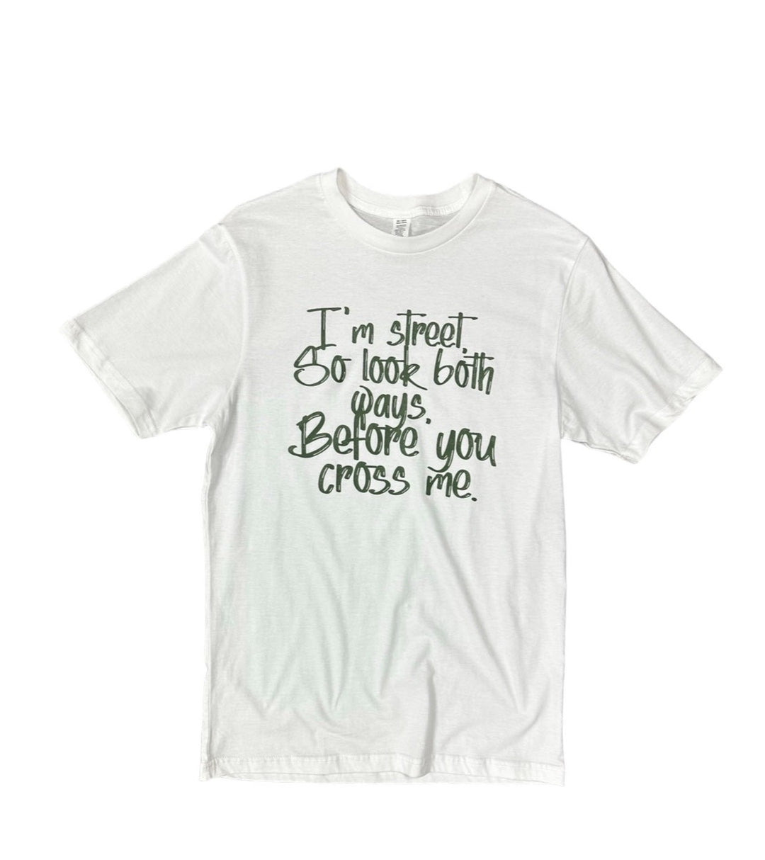 a white t - shirt with green writing on it