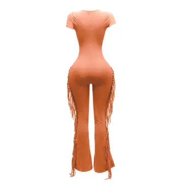 Mineral Washed Fringed Jumpsuit