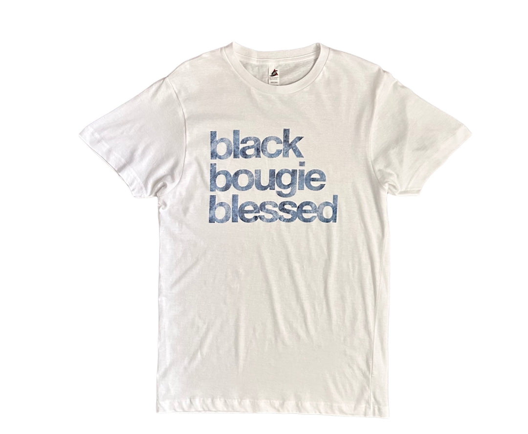 a white t - shirt that says black bougie blessing