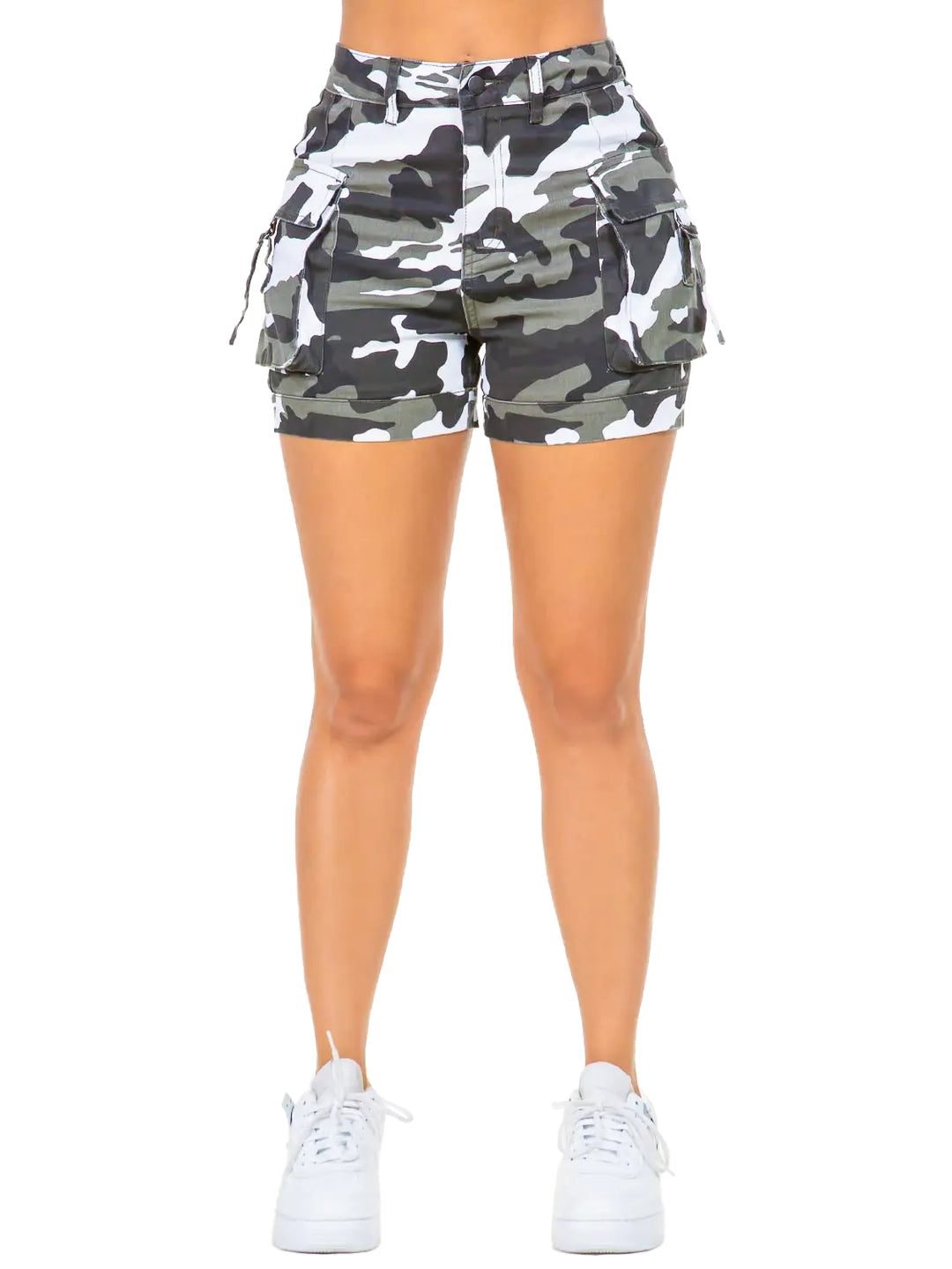 a woman wearing shorts with a camouflage print