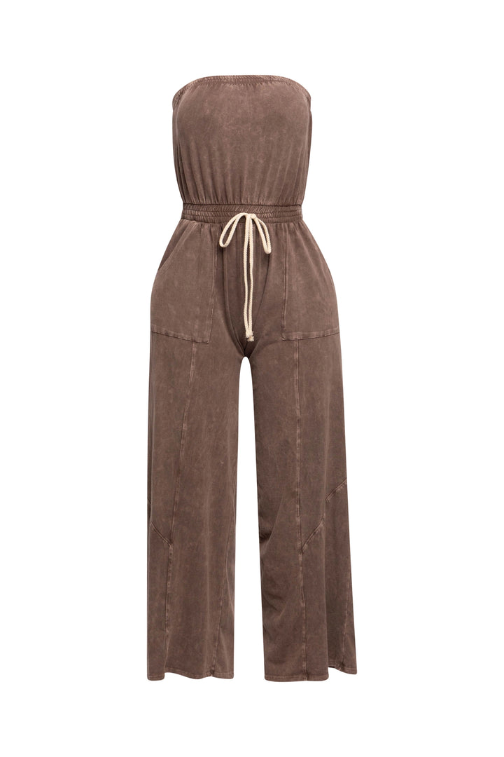 Mineral Washed Strapless Wide Leg Jumpsuit