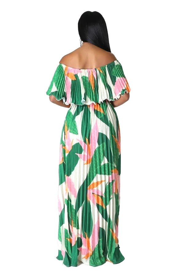 Floral Off the Shoulder Pleated Maxi Dress