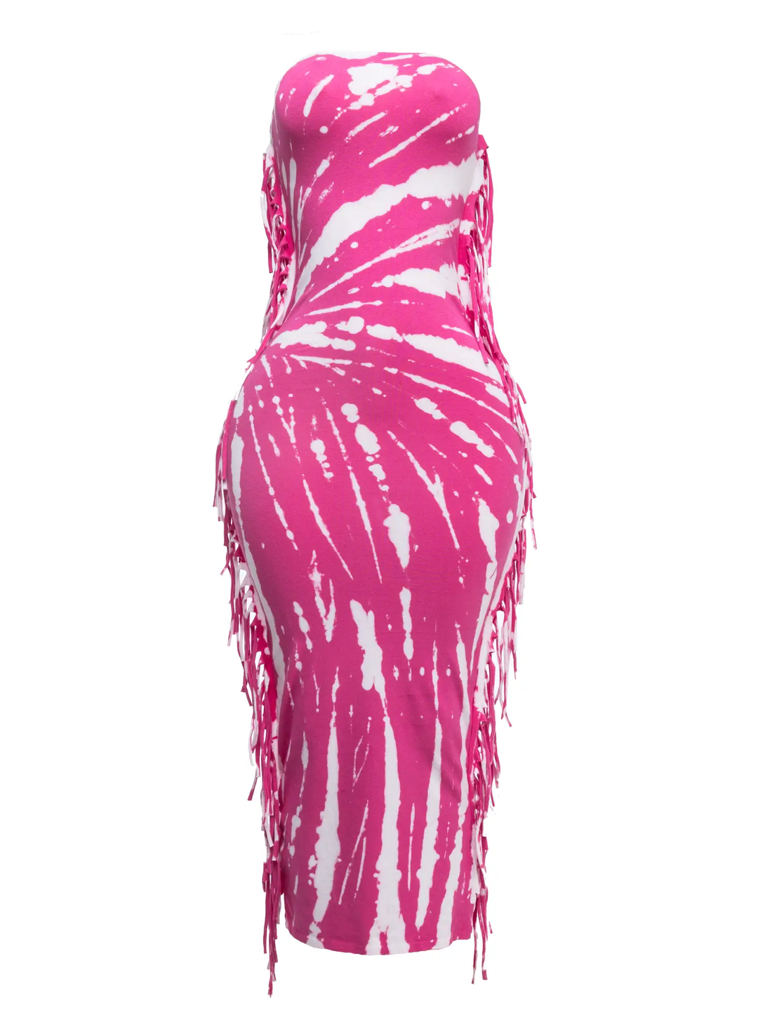 Tie Dye Strapless Fringed Maxi Dress Hot Pink / L Tie Dye Strapless Fringed Maxi Dress Hot Pink / L