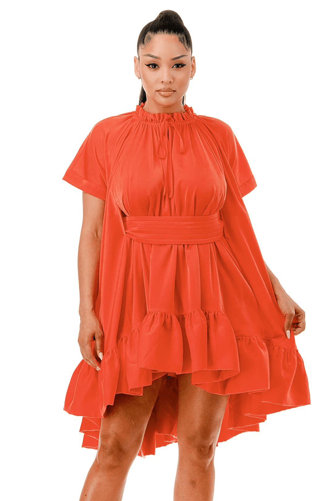 Short Sleeve Cape Style Belted Ruffled Flare Mini Dress M Short Sleeve Cape Style Belted Ruffled Flare Mini Dress M