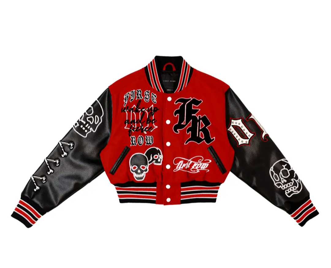 Red and black varsity jacket with graphic designs on a white background