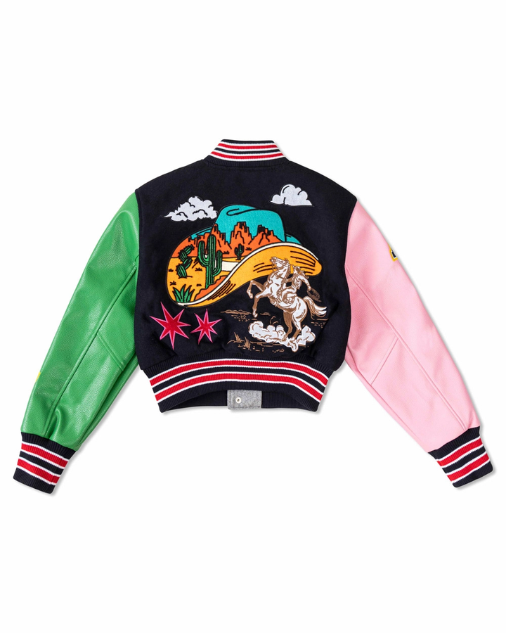 a black and pink jacket with a horse on it