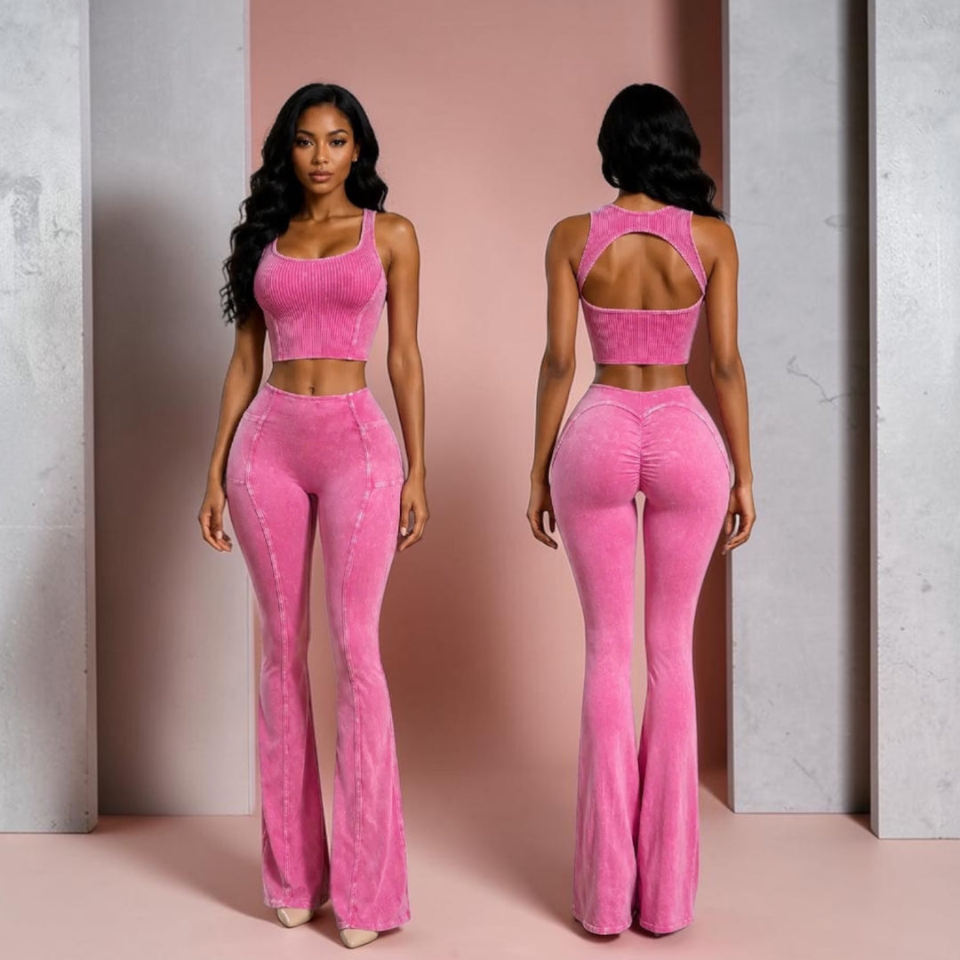 Open Back Crop Top & Flare Leggings Matching Set – Pink