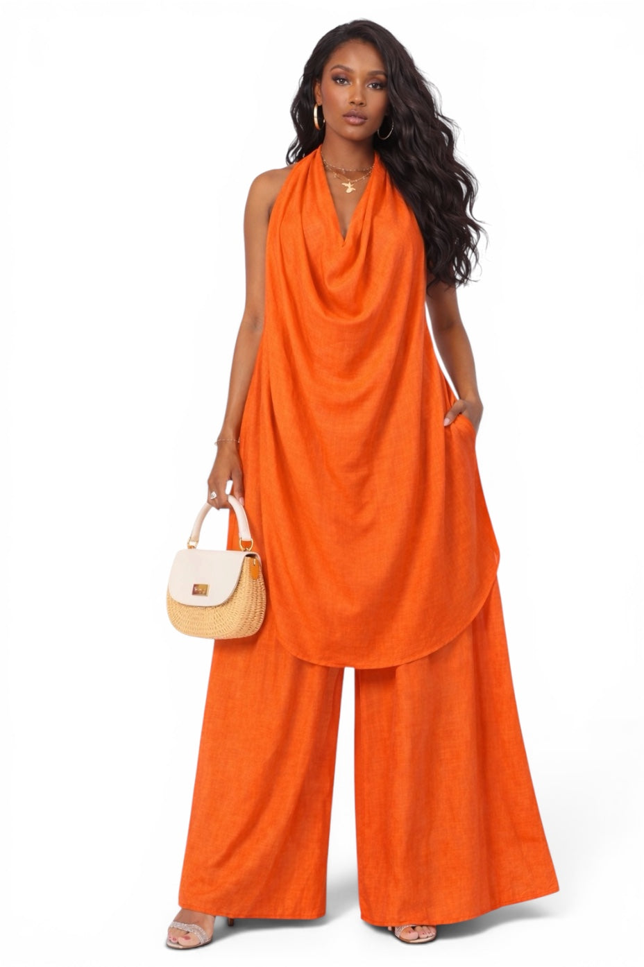The House of Stylez 
orange linen-blend halter neck cowl neck top with wide leg palazzo pants. Features side pockets.