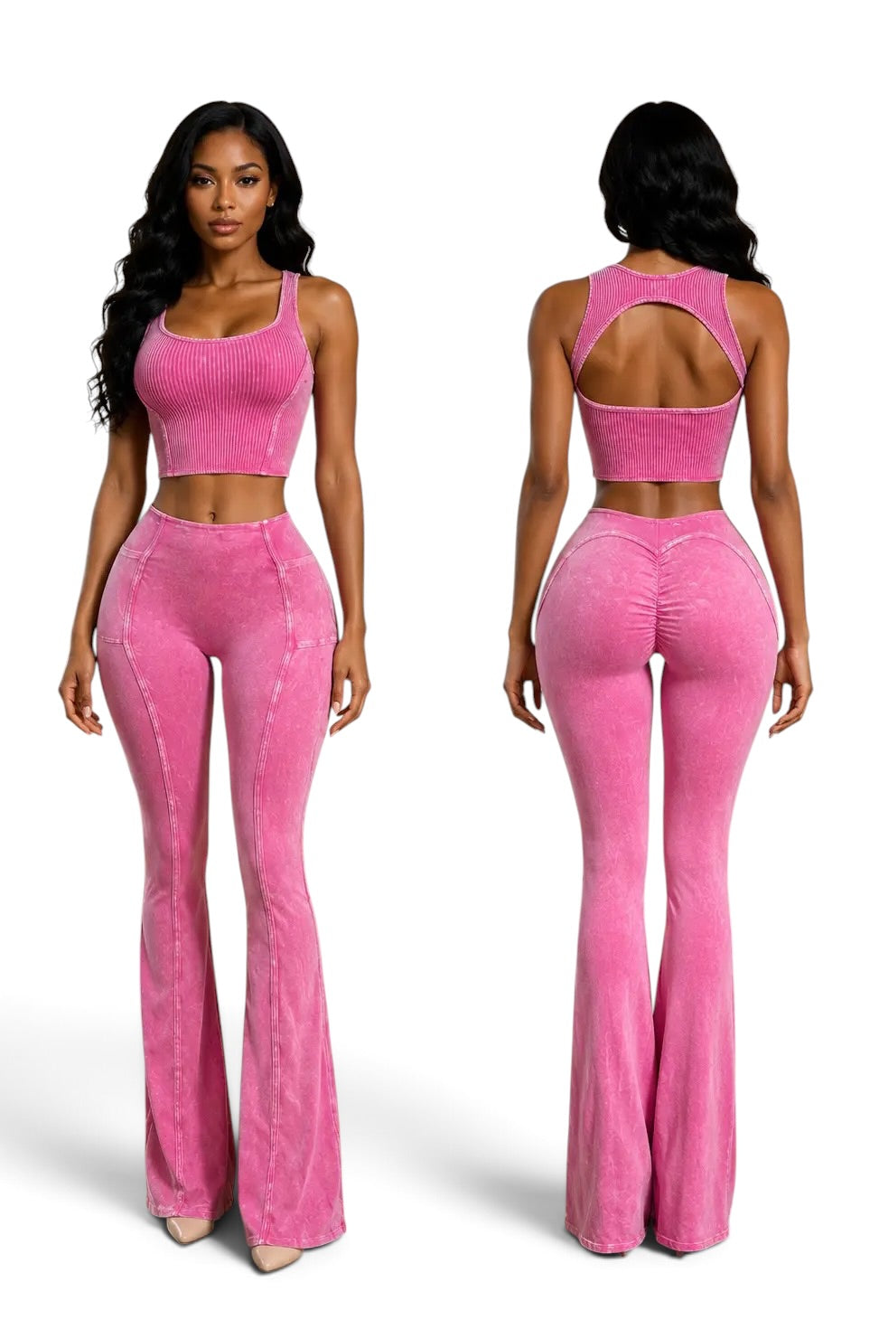 The House of Stylez pink mineral wash two-piece set with open-back crop top and high-waisted flare leggings