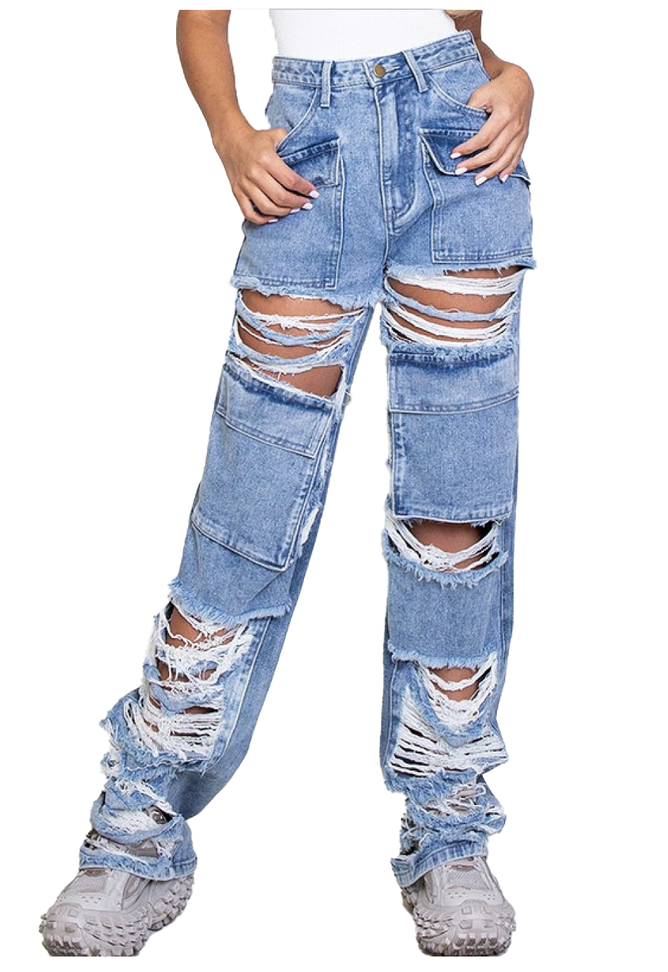 Front Only Ripped Distressed Cargo Denim Jeans
