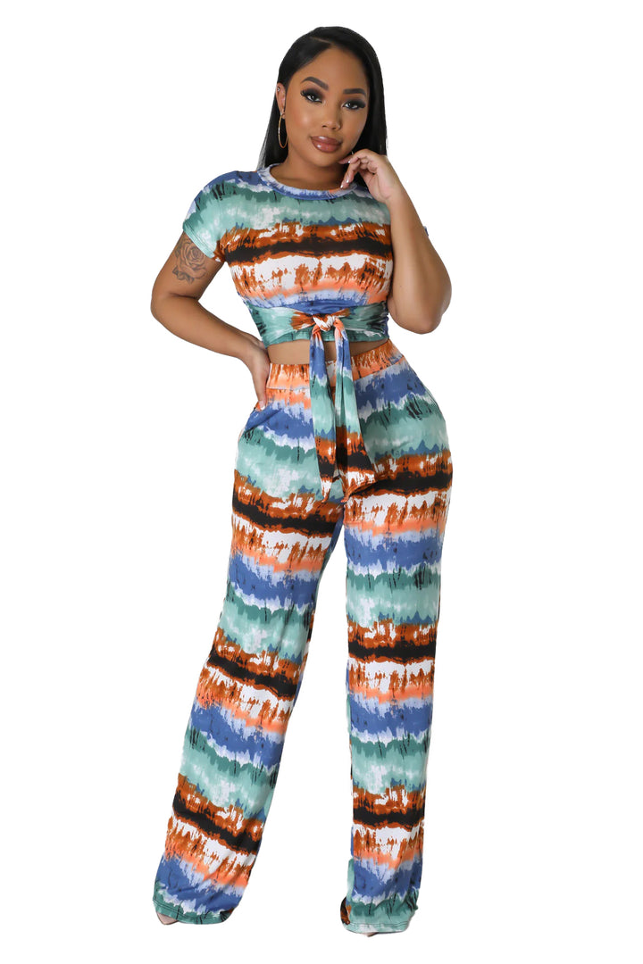 2 PC Multi Color Cropped Belted Top Wide Leg Bottom Set {Tall Girl Friendly}