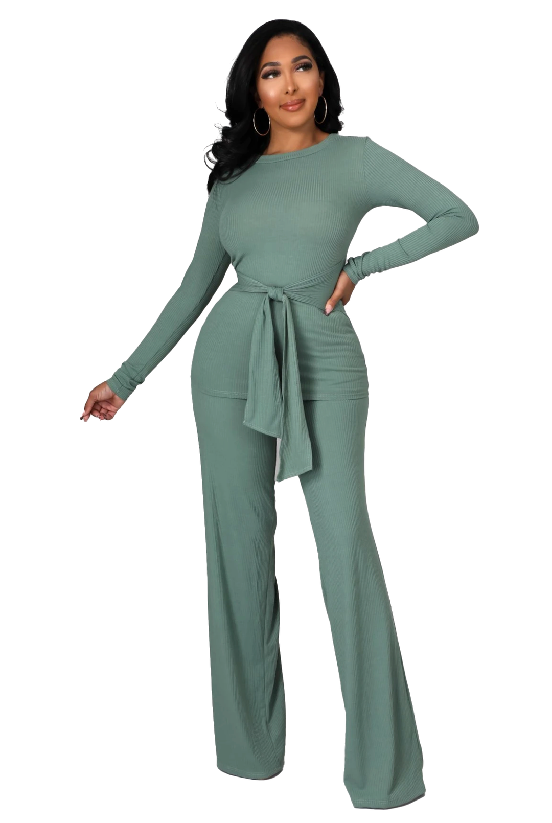2 PC Ribbed Belted Top Wide Leg Bottom Set - Green Good Times