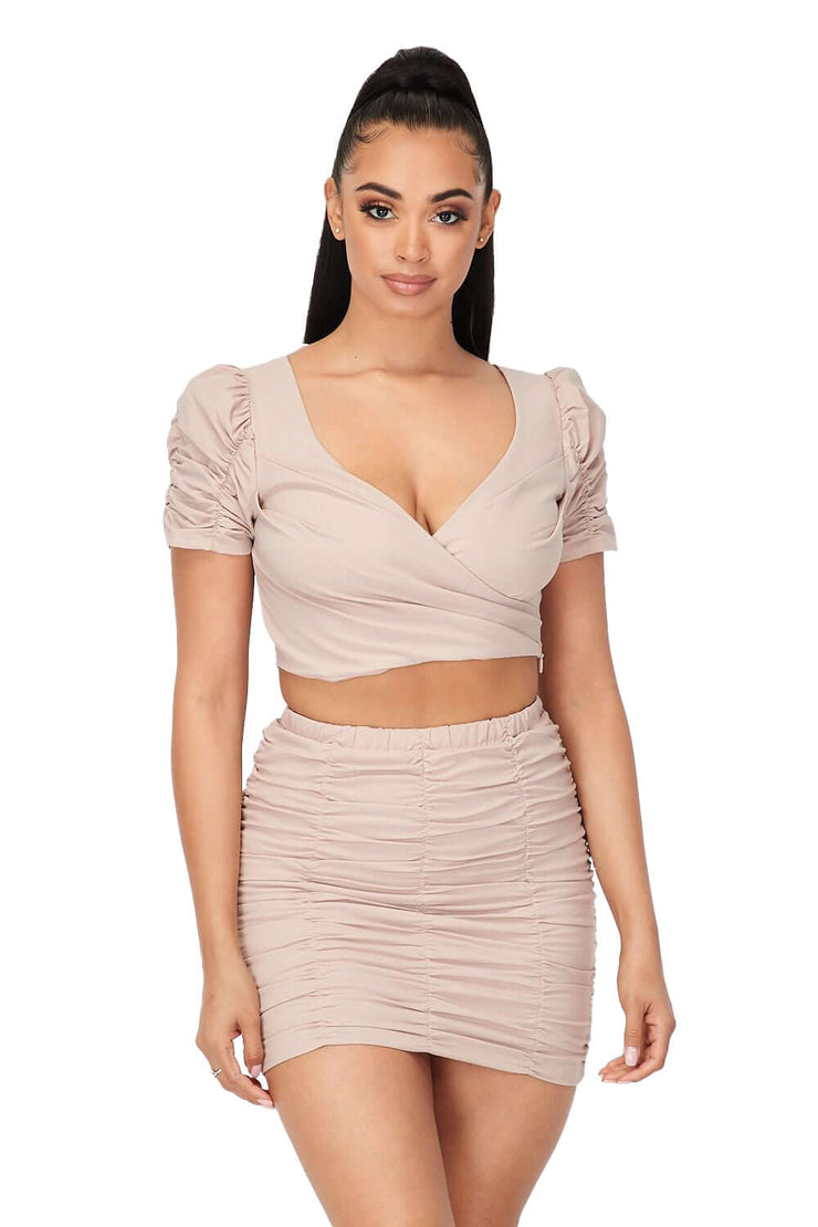 2 PC Ruched Cropped Top & Skirt Set Hot & Delicious