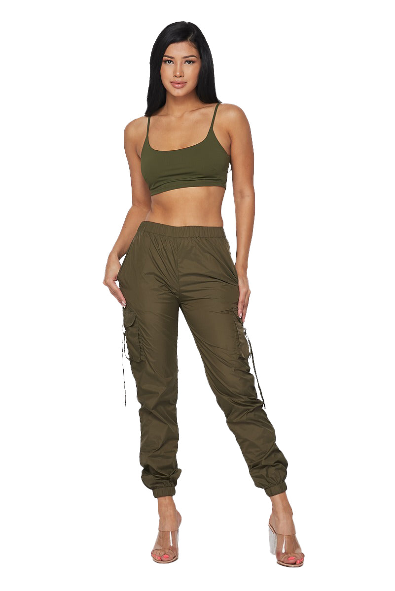 2 PC Cropped Tank Track Suit -Olive Hot & Delicious