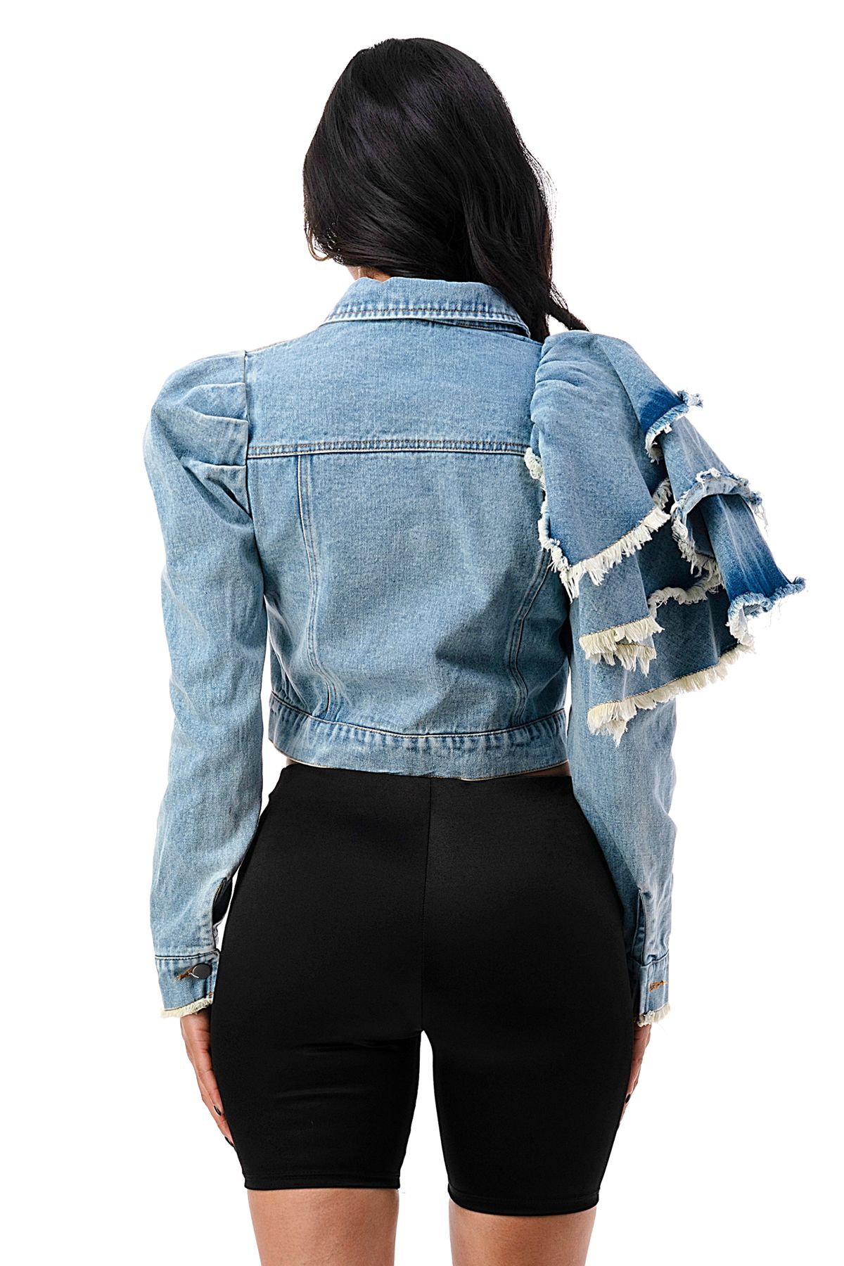 Denim Ruffled One Shoulder Cropped Jacket