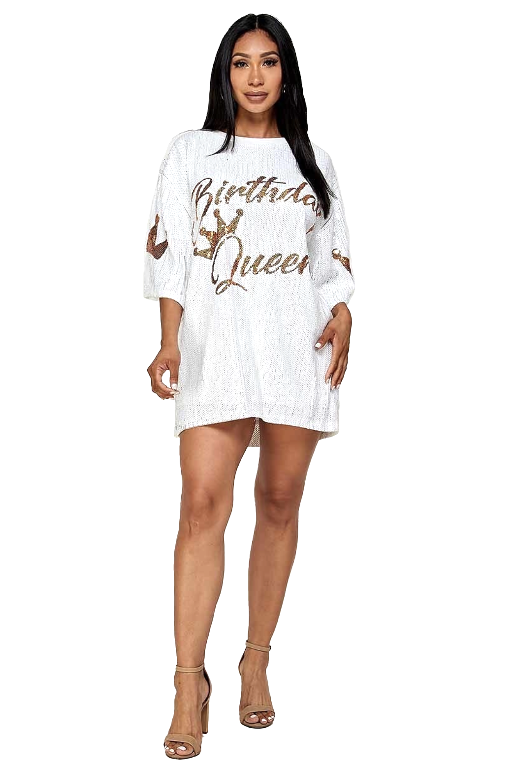 Birthday Crown Queen Sequin T-Shirt Dress - Gold Lettering