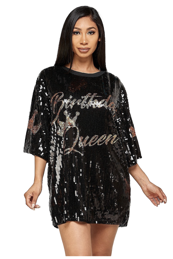 Birthday Crown Queen Sequin T-Shirt Dress - Gold Lettering