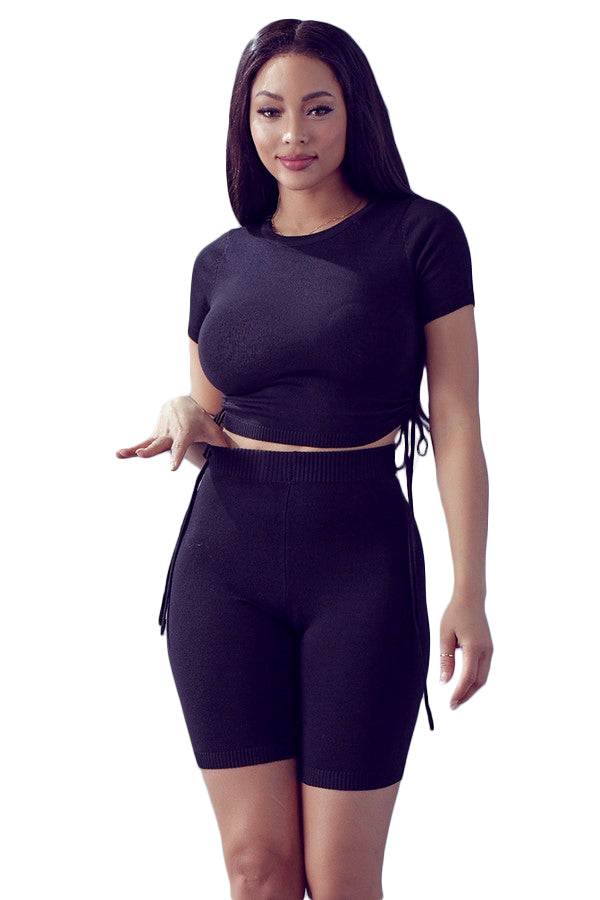 2PC Ruched Cut Out Detailed Knit Top & Short Set - Black The House of Stylez