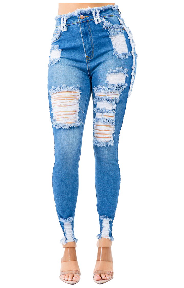 Denim Distressed Trimmed Skinny Jeans American Bazi