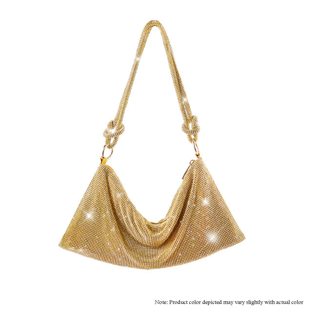 a gold purse with a chain hanging from it