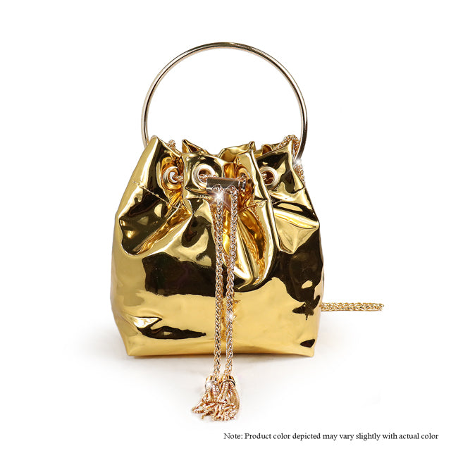 a gold purse with a chain hanging from it