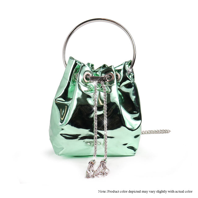a green purse with a chain hanging from it