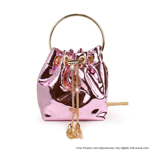 a pink purse with a gold chain around it