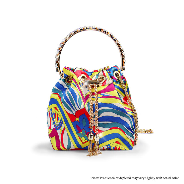 a colorful handbag with a chain hanging from it
